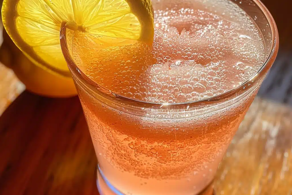 Glass of pink salt trick drink with lemon slice in warm morning light on wooden table